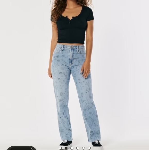 Hollister Ultra High Rise Love Message Dad Jeans 26W Graphic skull, birds, cats - Picture 4 of 10